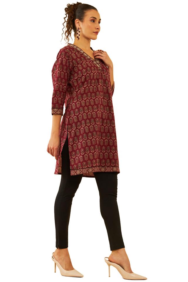 Soch Womens Maroon Cotton Floral Printed Short Kurta With Zari Work