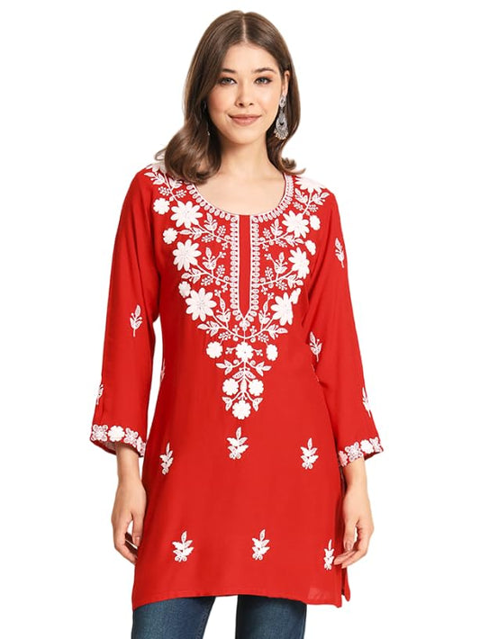Vairagee WomenS Rayon Straight Cut Round Neck Kurta With Beautiful Lucknowi Chickenkari Work (1594) Red