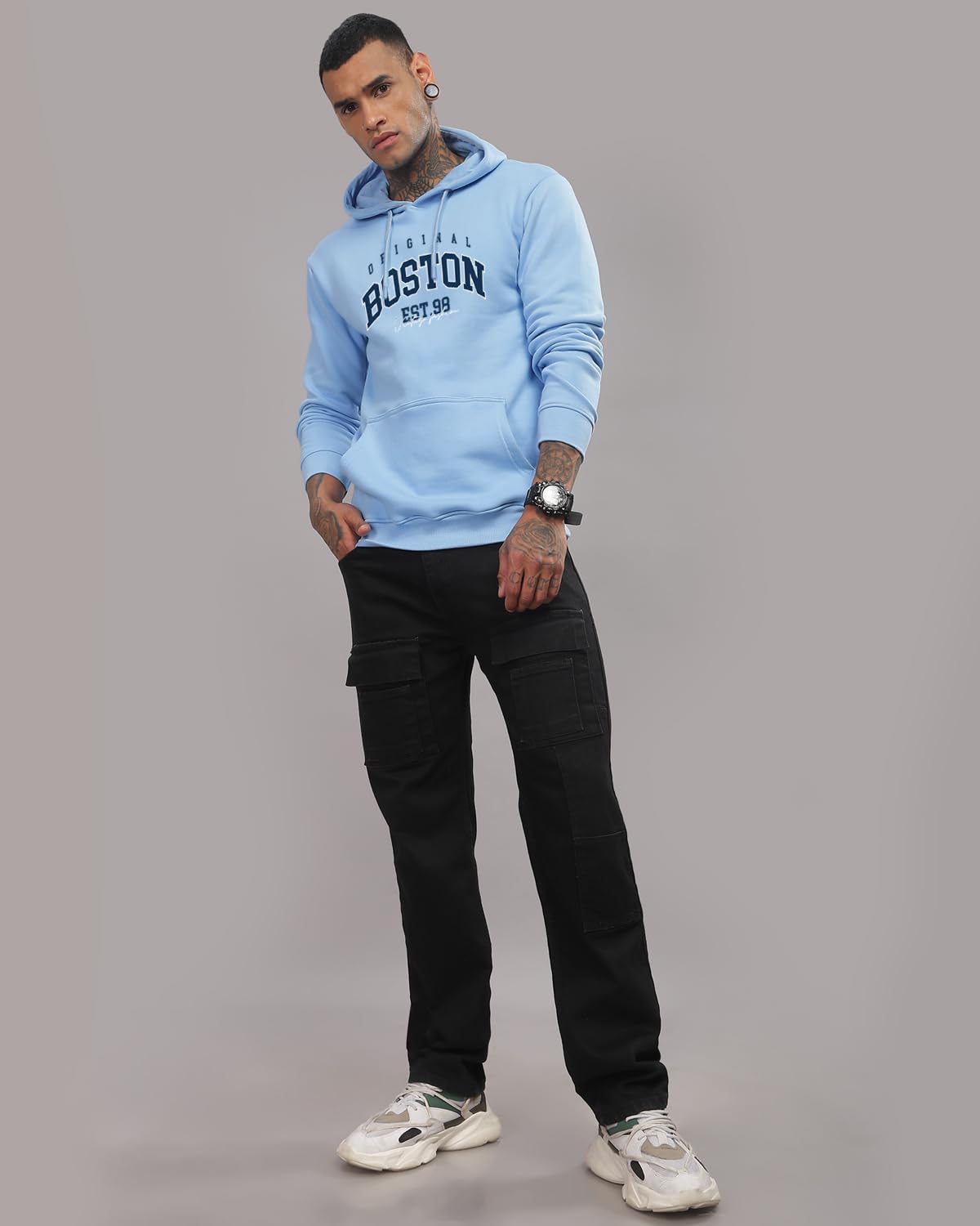 ADRO Men's Cotton Neck Hooded Sweatshirt (H24-BOST-SK_Sky Blue