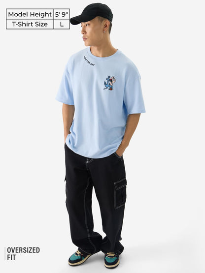 The Souled Store Official Popeye: Seas The Day Men and Boys Short Sleeves Round Neck Blue Graphic Printed Cotton Oversized T-Shi