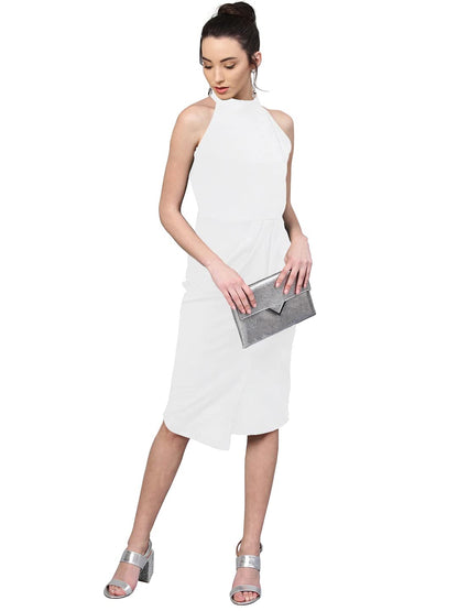 Shasmi Polyester Blend Bodycon Knee-Length WomenS Elegant Halter Neck Pleated Flounce Sleeveless Midi Dress (Dresses For Tops_W