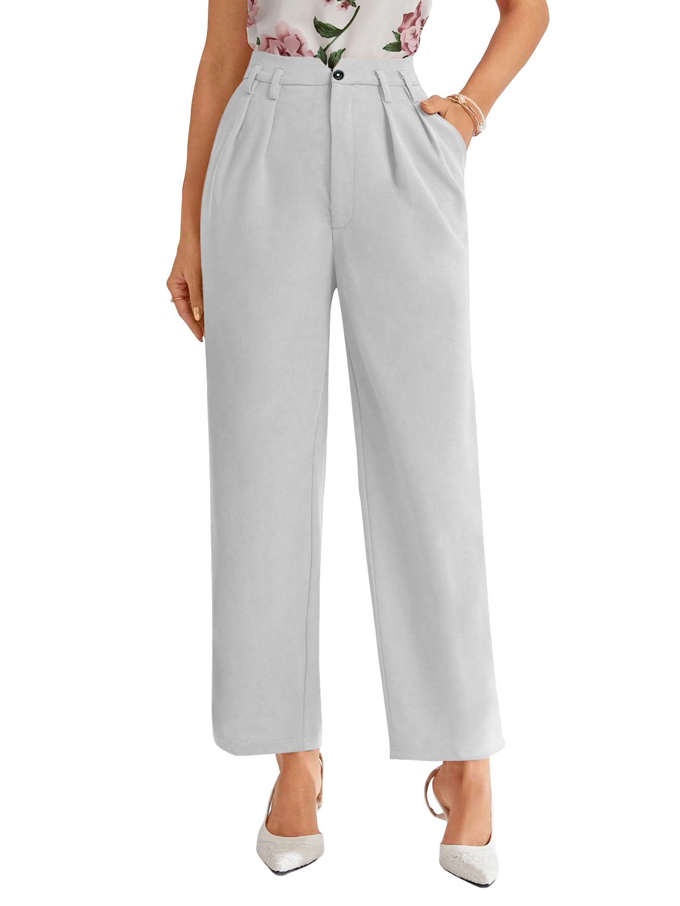 Shasmi Womens White High Waist Pleated Straight Leg Trousers  Elegant Solid Color Work Pants with Pockets, Casual Office Wear Po