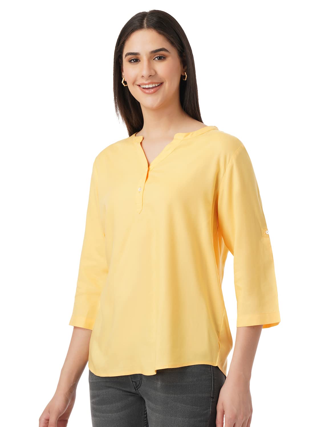 FYLTR Womens Fashion V-Neck Top with Roll-up Sleeves