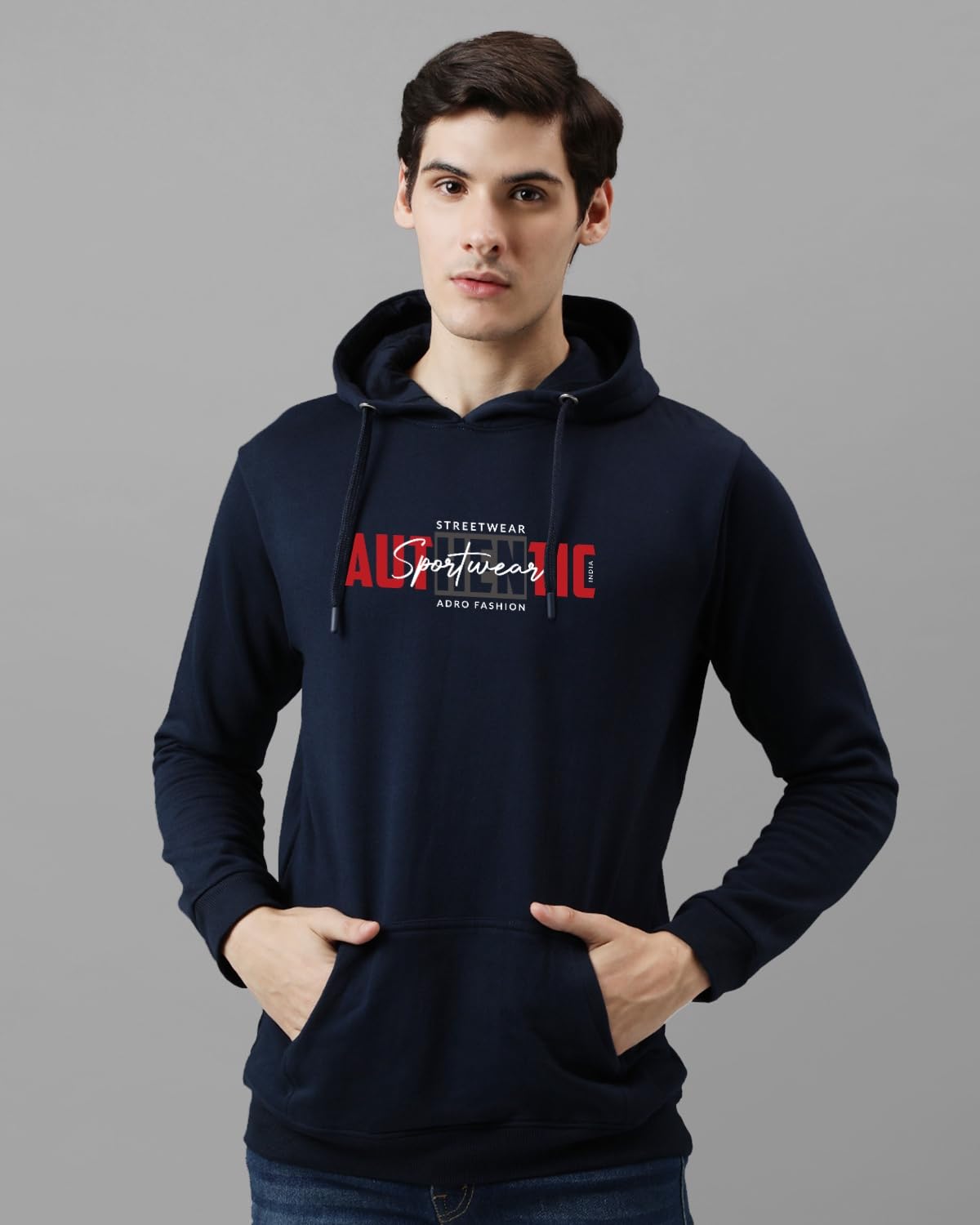 ADRO Men's Cotton Blend Neck Hooded Sweatshirt (H24-SPT-NB_Navy Blue
