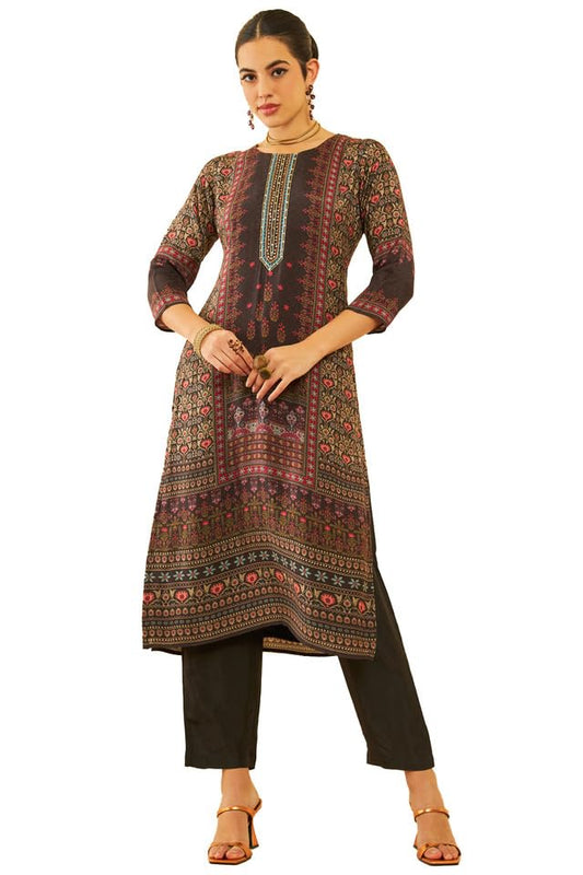 Soch Womens Charcoal Muslin Floral Printed Kurta Set with Cutdana Work