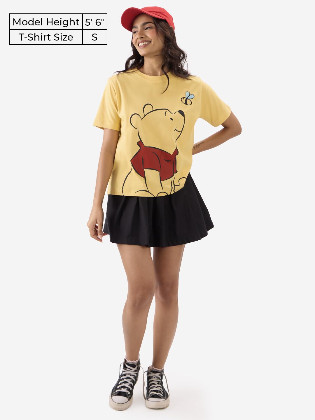 The Souled Store Official Winnie The Pooh: Chasing Bees Women and Girls Short Sleeve Round Neck Yellow Graphic Printed Regular F