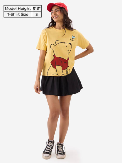 The Souled Store Official Winnie The Pooh: Chasing Bees Women and Girls Short Sleeve Round Neck Yellow Graphic Printed Regular F