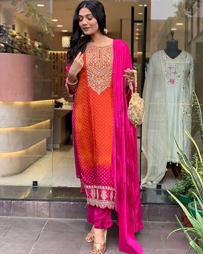 GoSriKi Ladies Rayon Blend Embroidered Kurta Set with Trousers & Dupatta, Small, Pink, Model: Lasivan Pink-GS