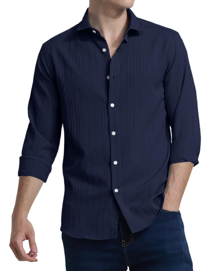 Finivo Fashion MenS Casual Cotton Plain Button Down Shirts Full Sleeve Textured Summer Beach Shirt For Men Navy