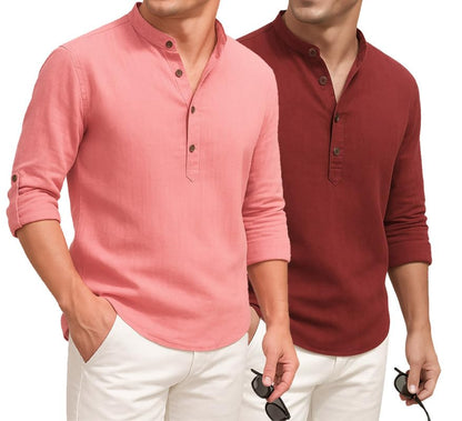 Deelmo Combo Of MenS Cotton Blend Solid Regular Fit Full Sleeve Short Kurta | MenS Trendy Short Kurta Pack Of 2