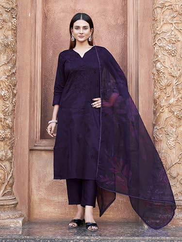 Womanista WomenS Cotton Blend Kurta With Trouser & Dupatta (Kurtaset_1416_Dark Purple