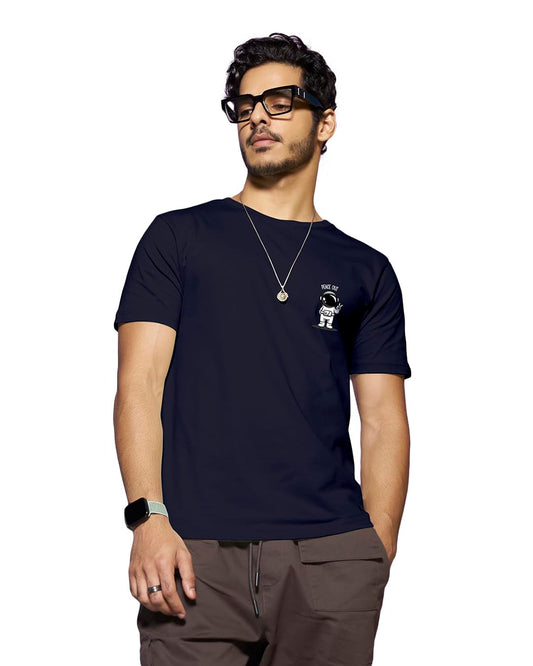 Bewakoof Mens Peace Out Astronaut Printed 100% Cotton T-Shirt - Regular Fit, Round Neck, Half Sleeves Blue