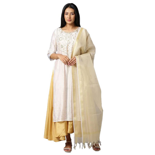 Aurelia Women's Rayon White Gotta Patti Kurta and Dupatta Set Below The Knee Dress