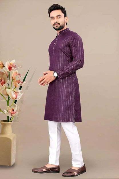 Fashion Gallery MenS Stylish Lurex Stripe Straight Knee Length Kurta -| Mens Kurta| Ethnic Wear | Lurex Fabric Kurta For Men (M