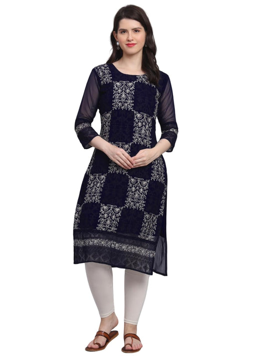 VAIRAGEE Womens Georgette Straight Cut Round Neck Kurta with Beautiful Lucknowi Chickenkari Work (1605) Navy Blue