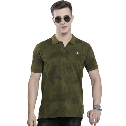 The Indian Garage Co Men Slim Fit Abstract Printed Polo Collar Tshirt Olive