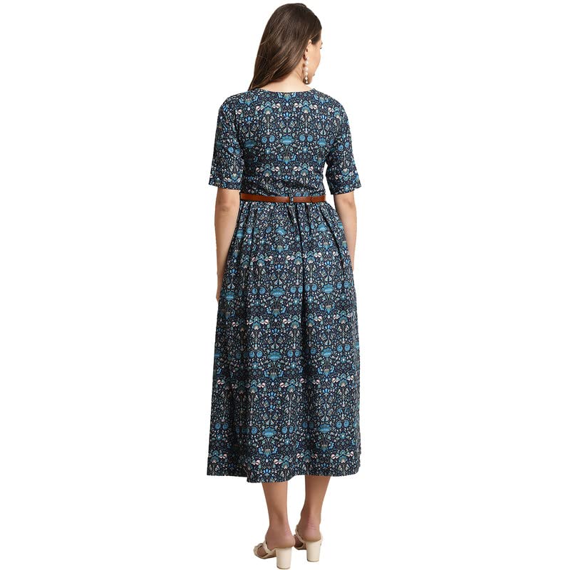 Preneum WomenS Georgette Floral Printed 3/4 Slevees A-Line Fit & Flare Gown With Beltindo-Western Ethnic Gown || A-Line Maxi Dr