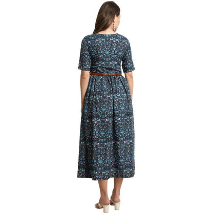 Preneum WomenS Georgette Floral Printed 3/4 Slevees A-Line Fit & Flare Gown With Beltindo-Western Ethnic Gown || A-Line Maxi Dr