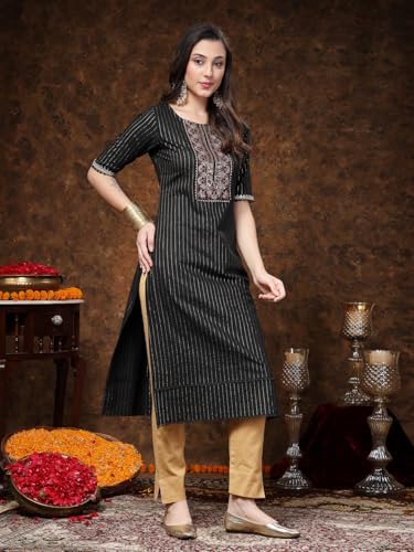 Stylum Womens Woven Design & Embroidered Lurex Cotton Straight Kurta Black
