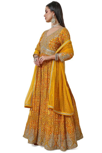 Soch Womens Mustard Floral Print Chinon Blend Alia Cut Gown with Sequins