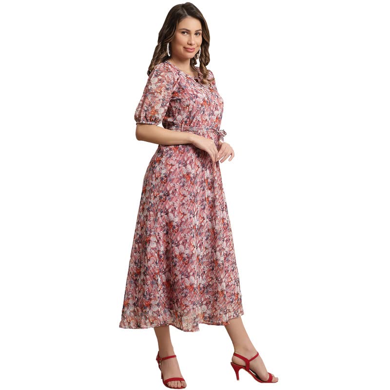 Preneum WomenS Maxi Fit & Flare Print Georgette Regular Sleeves Casual |Summer |Latest Style |Festival & Occasion Maxi Gown(Max