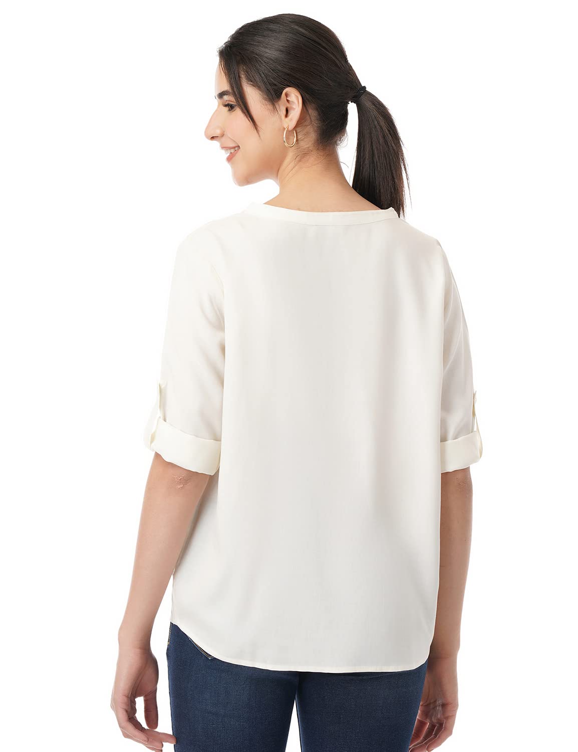 FYLTR Womens Fashion V-Neck Top with Roll-up Sleeves