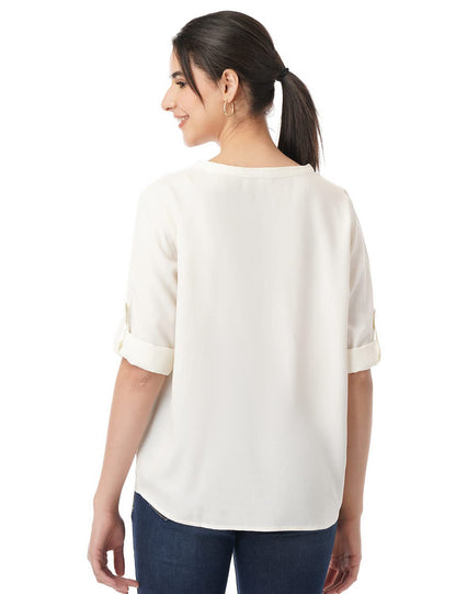 FYLTR Womens Fashion V-Neck Top with Roll-up Sleeves