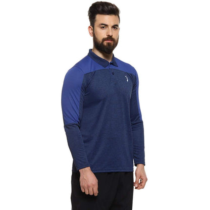 Campus Sutra Mens Denim Blue Contrast Activewear T-Shirt for Casual Wear | Spread Collar | Long Sleeve | Half-Button Closure |