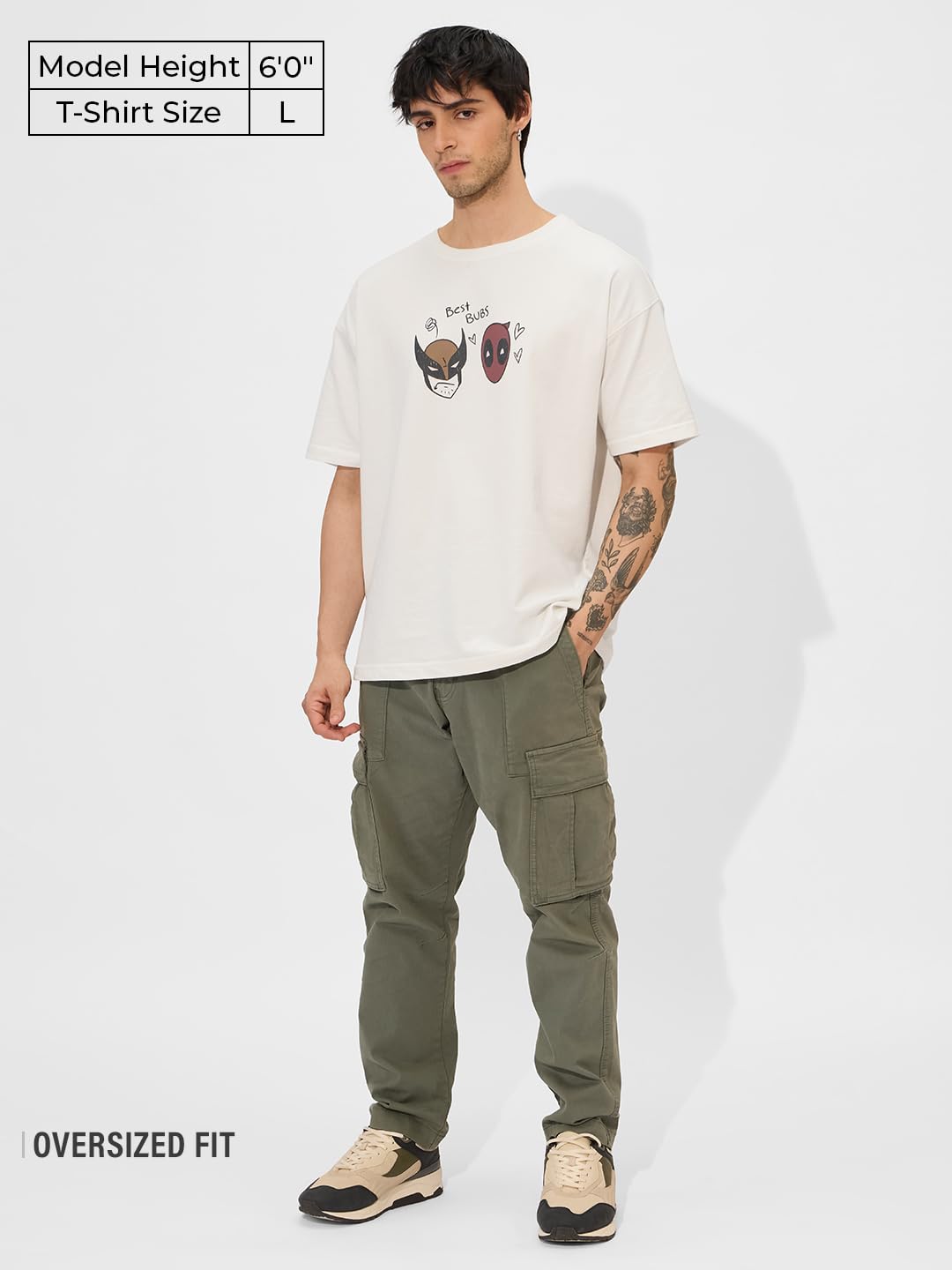 The Souled Store Official Marvel: Best Buds Men and Boys Short Sleeves Round Neck White Graphic Printed Cotton Oversized T-Shirt