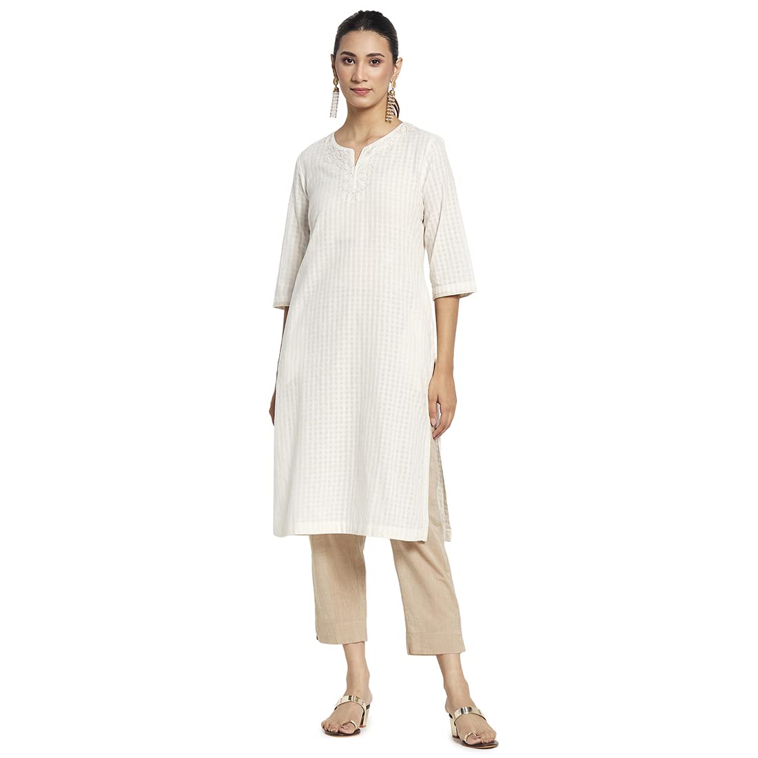 Fabindia Women Cotton Embroidered Knee Length Kurta Offwhite_Xl