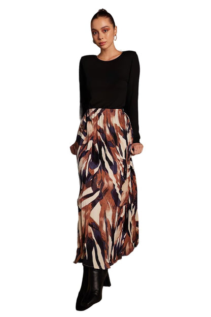 Kzully | Printed Pleated Long Skirt Versatile Elegance For Every Occasion Wine