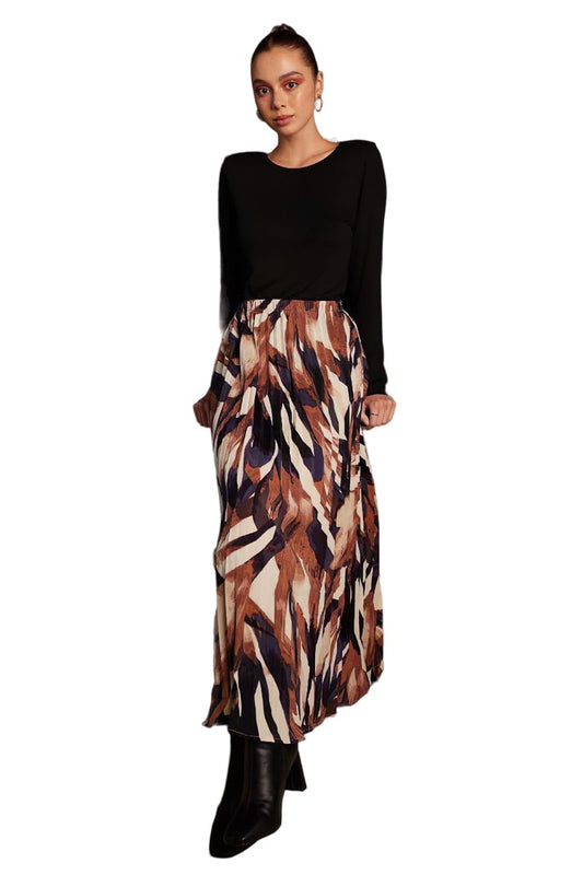 Kzully | Printed Pleated Long Skirt Versatile Elegance For Every Occasion Wine