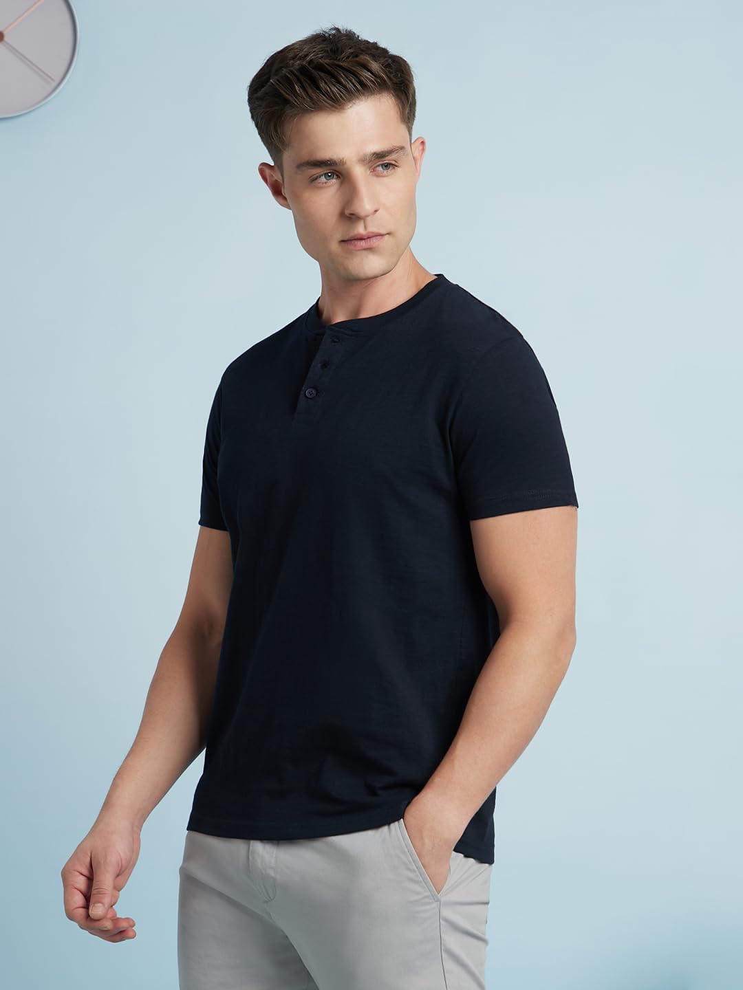 Dennis Lingo Men Cotton Slub Regular Fit Solid T-Shirts Navy Blue