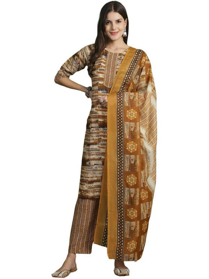 Pinkmint Women Kurta & Pant With Duppatta Set Cotton Straight Printed 3/4 Sleeve Kurti's