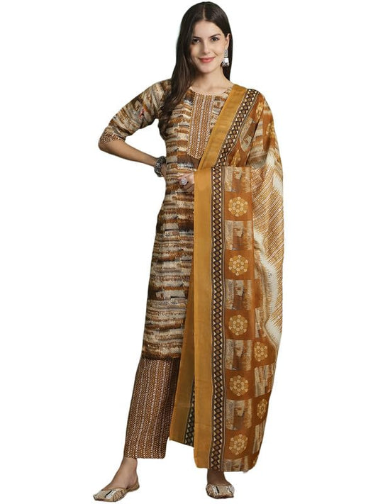 Pinkmint Women Kurta & Pant With Duppatta Set Cotton Straight Printed 3/4 Sleeve Kurti's