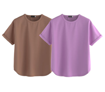 Juneberry Pure 100% Cotton Oversized Loose Baggy Fit Round Neck With Drop Shoulder Cork & Lilac Half Sleeves Boyfriend T-Shirt F