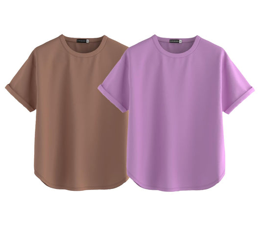 Juneberry Pure 100% Cotton Oversized Loose Baggy Fit Round Neck With Drop Shoulder Cork & Lilac Half Sleeves Boyfriend T-Shirt F