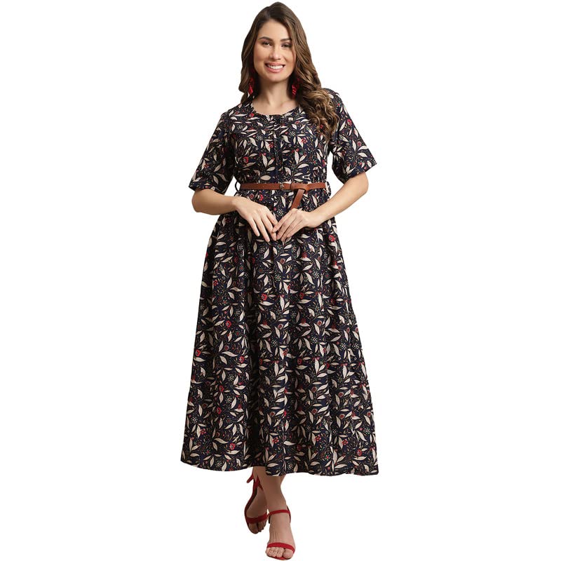 Preneum WomenS Georgette Floral Printed 3/4 Slevees A-Line Fit & Flare Gown With Beltindo-Western Ethnic Gown || A-Line Maxi Dr