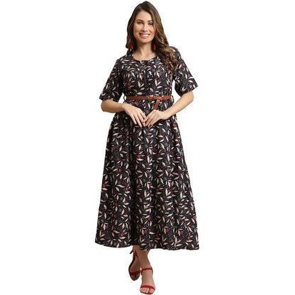Preneum WomenS Georgette Floral Printed 3/4 Slevees A-Line Fit & Flare Gown With Beltindo-Western Ethnic Gown || A-Line Maxi Dr