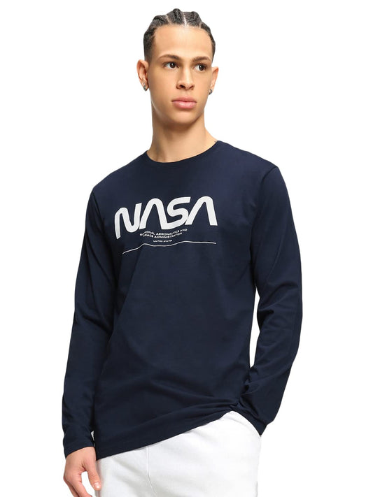 Bewakoof Mens NASA 100% Cotton T-Shirt - Regular Fit, Round Neck, Full Sleeves Blue