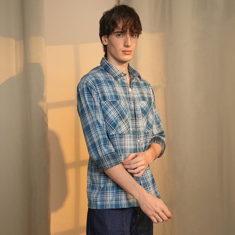 Campus Sutra Mens Steel Blue Tartan Plaid Shirt | Casual Wear | Spread Collar | Long Sleeve | Button Closure | Shirt Crafted wi