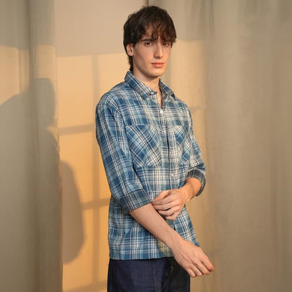 Campus Sutra Mens Steel Blue Tartan Plaid Shirt | Casual Wear | Spread Collar | Long Sleeve | Button Closure | Shirt Crafted wi