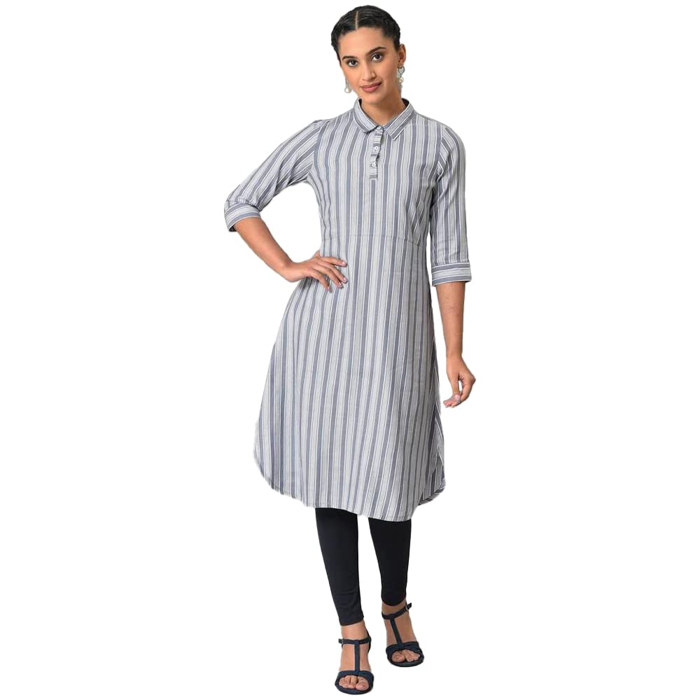 Aurelia WomenS Cotton Solid Regular Blue Stripe Print Shirt Collar Kurta (23Fea13438-704099