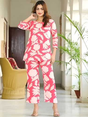Pinkmint WomenS Pure Cotton Co Ord Set L Printed Stylish Top & Bottom Set L Wide-Leg Pant Loungewear L Day-To-Night Comfort Wea