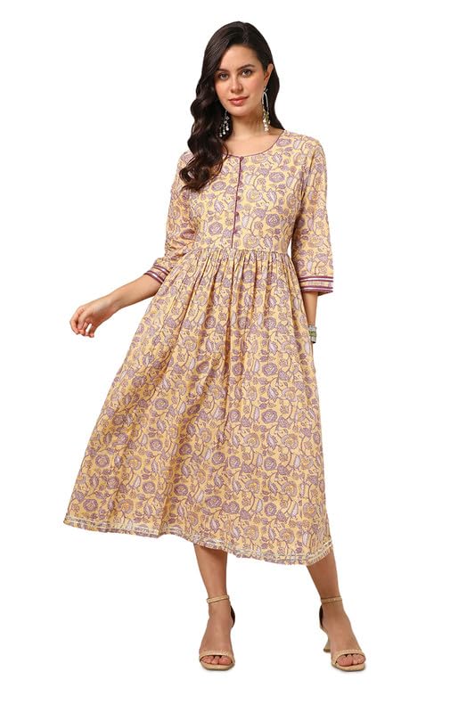 Soch Womens Yellow Cotton Kalamkari Dress