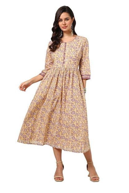 Soch Womens Yellow Cotton Kalamkari Dress