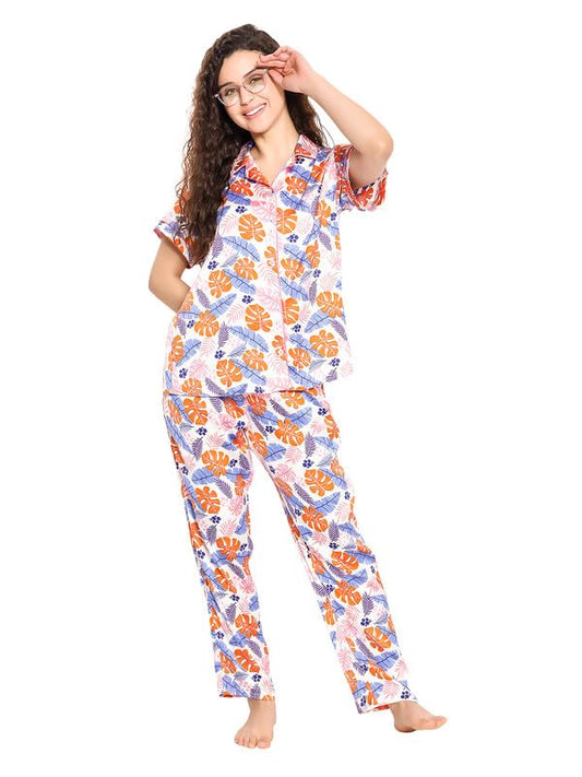 Clovia Womens Satin Pretty Florals Button Down Shirt & Pyjama Set (LS0385K19_Multicolor_XXL)