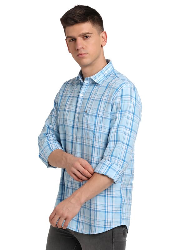Turtle Men 100% Cotton Slim Fit Light Blue Check Full Sleeve Casual Shirt