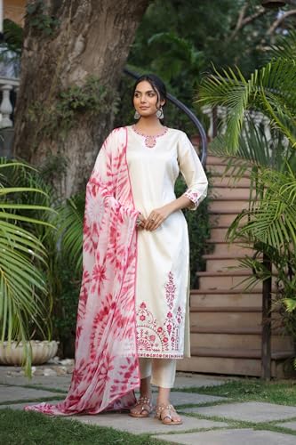 GoSriKi Womens Cotton Blend Straight Embroidered Kurta with Pant & Dupatta (BHAVI Cream-KDV-GS_L_Cream_Large)