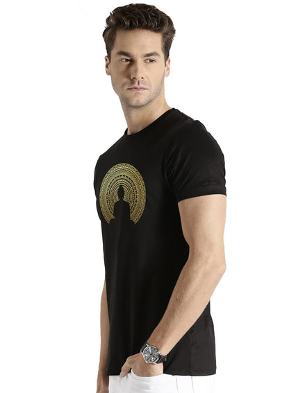 ADRO Men's Budha Gold Printed Cotton T-Shirt (RN23-GL-BUD-BL_Black)